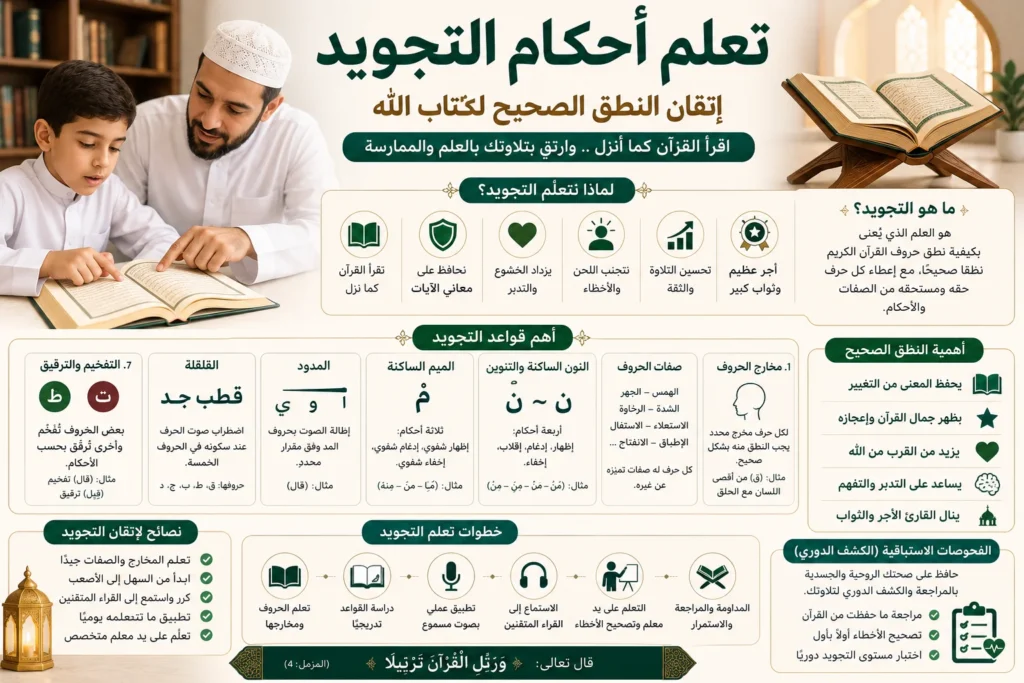 طفل ومعلم يقرآن القرآن مع توضيح قواعد التجويد والنطق الصحيح للحروف.