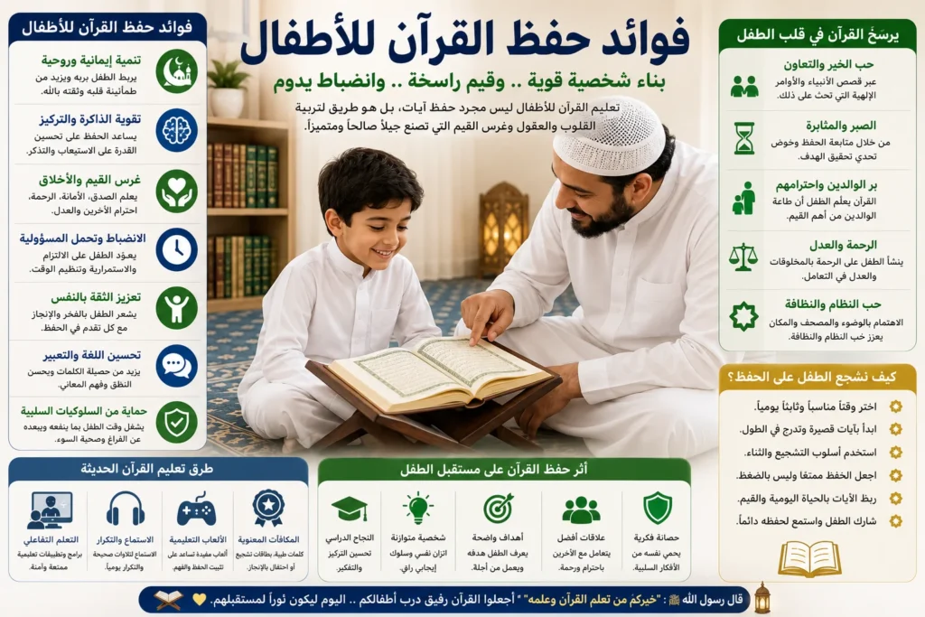 طفل يحفظ القرآن مع معلمه في حلقة تعليمية مليئة بالتشجيع.