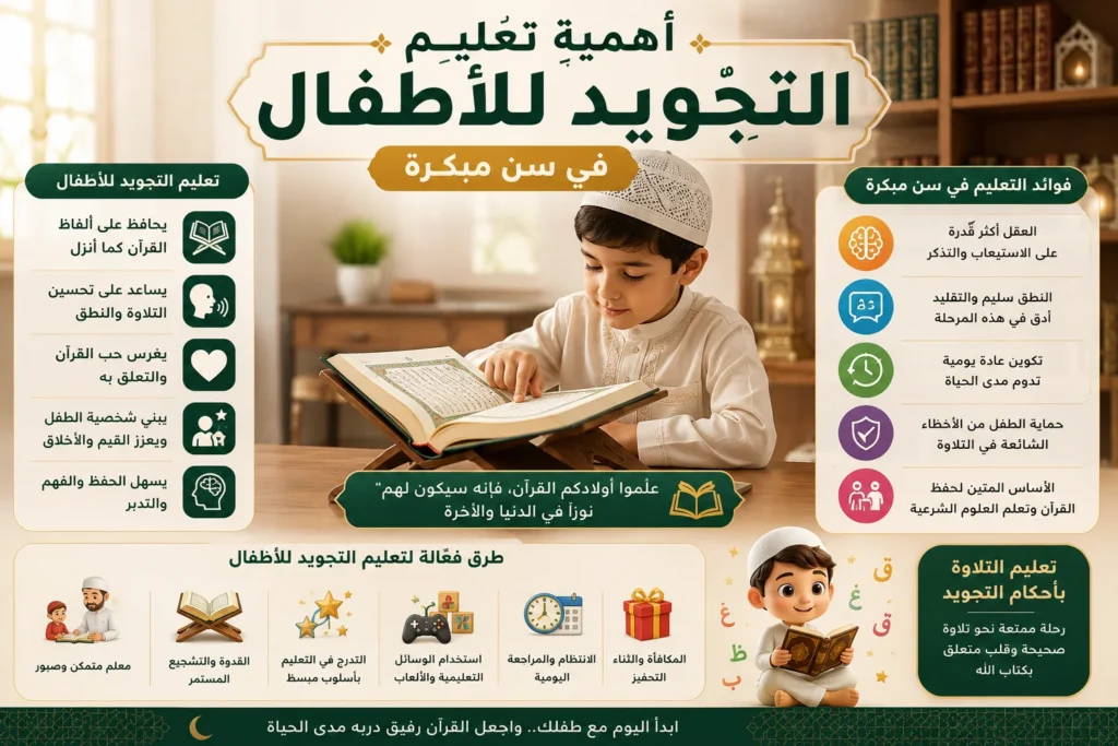 أهمية تعليم التجويد للأطفال في سن مبكرة وفوائده في تحسين التلاوة، النطق، والحفظ، وتنمية الارتباط بالقرآن الكريم