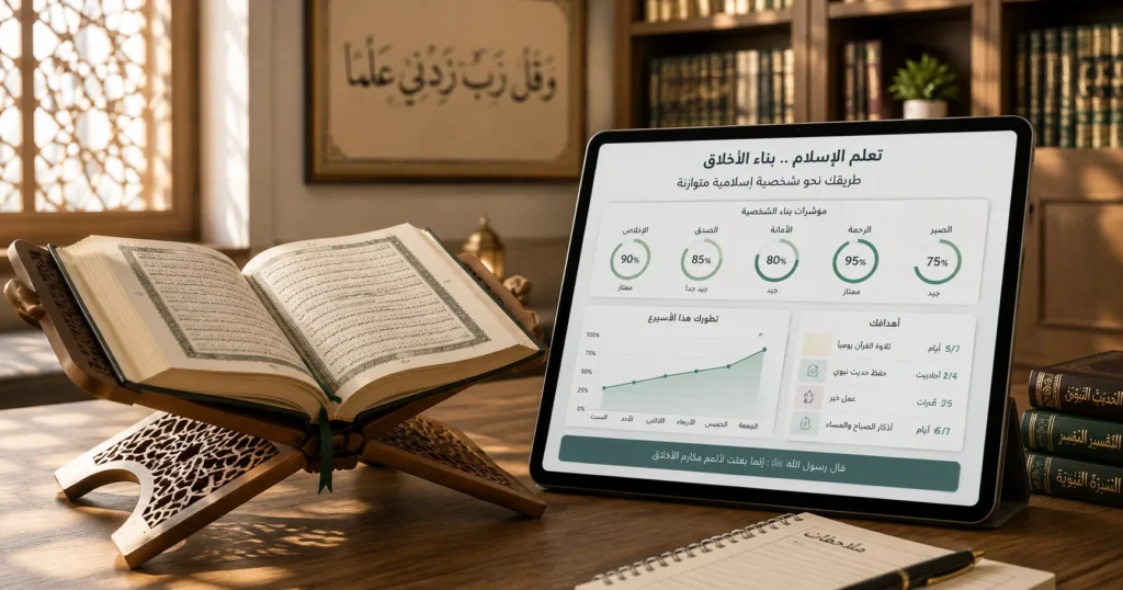 مصحف مفتوح على حامل خشبي داخل بيئة تعليمية إسلامية هادئة، وبجواره جهاز لوحي يعرض واجهة تعليمية باللغة العربية توضح مؤشرات تنمية الأخلاق والقيم الإسلامية.